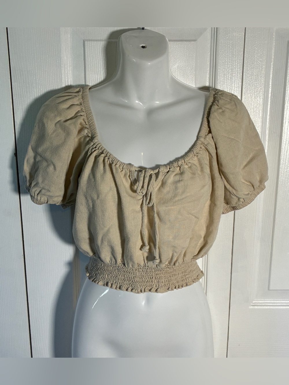 Ambiance Smocked Linen Blend Peasant Crop Top, Size L